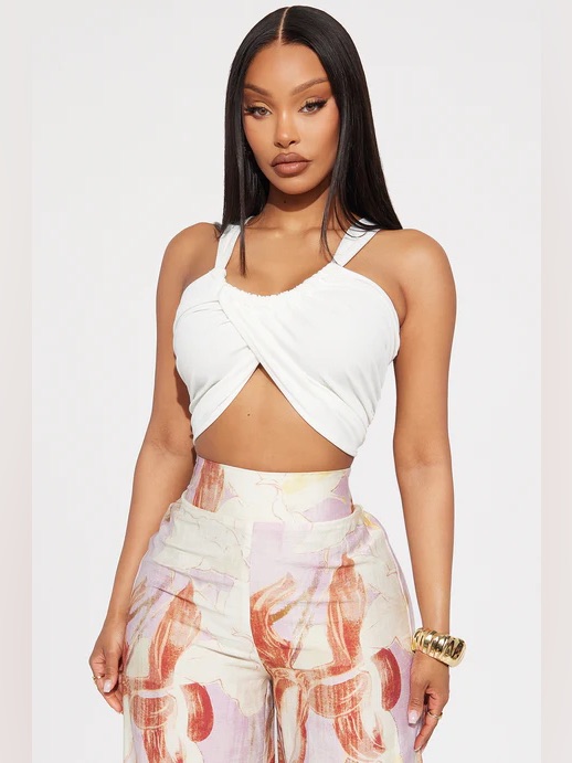 Fashion Nova - Pearl Ribbed Twist Front Cropped Top White, Medium